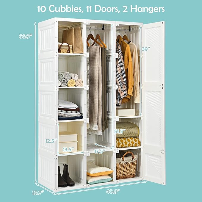 Tangkula Portable Closet Wardrobe, Foldable Clothes Organizer with Cubby Storage, Hanging Rods, Easy Assemble Clothing Storag