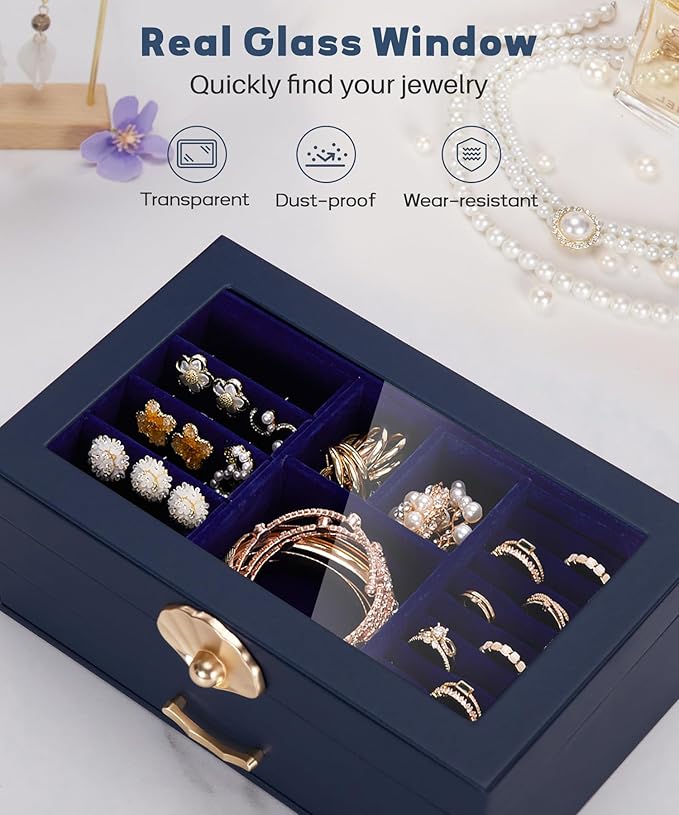 Enthralite Jewelry Box with 1 Drawers: Display Organizer for Earrings Necklaces - Gifts for Girls Women (Dark Blue)