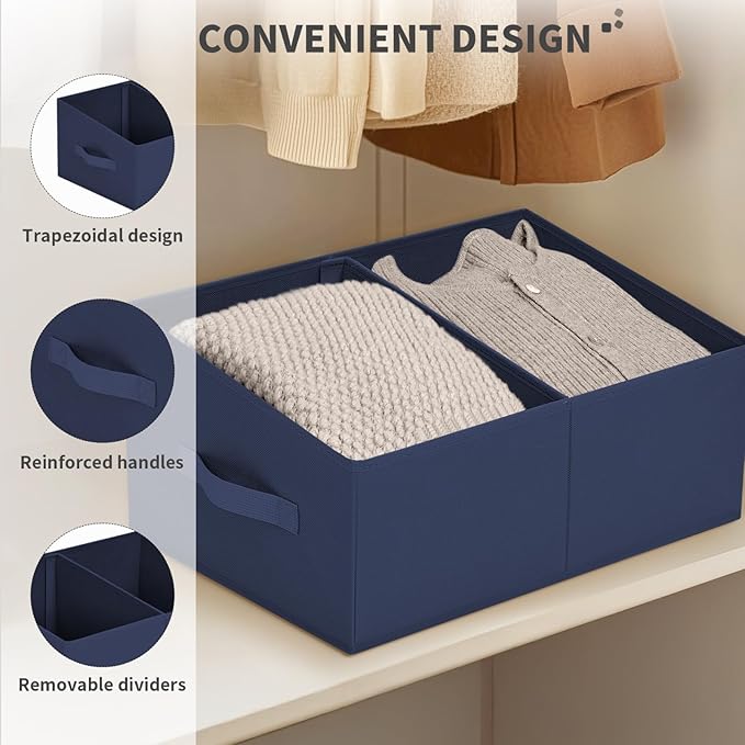 DIMJ Large Closet Shelf Organizer Bins 4 Packs with Handles and Divider, Fabric Trapezoid Storage Baskets, Foldable Clothes C