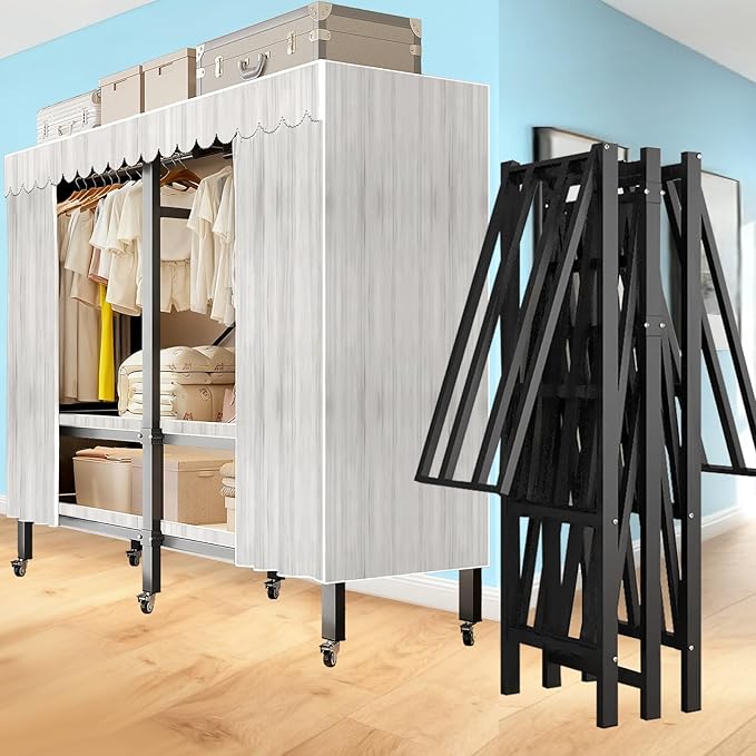 Garment Rack with Cover, Heavy Duty Portable Wardrobe Closet 2000LB, Foldable Clothe Rack with Wheel, Clothes Rack for Hangin