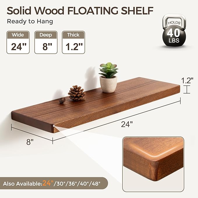 Fun Memories 24 Inch Floating Shelves, Rustic Solid Wood Wall Shelves Set of 2, 8 Inch Deep Floating Shelf for Bathroom, Bedr