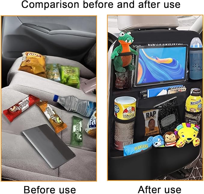 2PCS Car Seat Back Organizer, Waterproof Vehicle Storage Bag with Touch Screen Tablet Holder & 9 Pockets, Auto Kick Mats Back Seat Protector for Kids, Universal Travel Accessories (Black/Large)