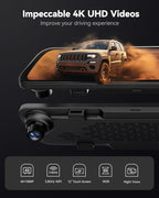 WOLFBOX G840S 12" 4K Mirror Dash Cam Backup Camera, 5.8GHz WiFi Smart Rearview Mirror for Cars & Trucks, Front and Rear View 