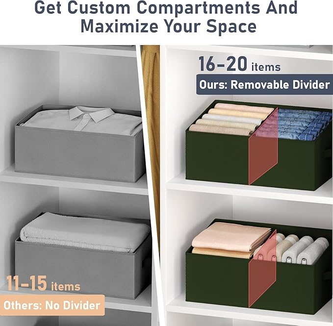 DIMJ Large Closet Shelf Organizer Bins 4 Packs with Handles and Divider, Fabric Trapezoid Storage Baskets, Foldable Clothes C