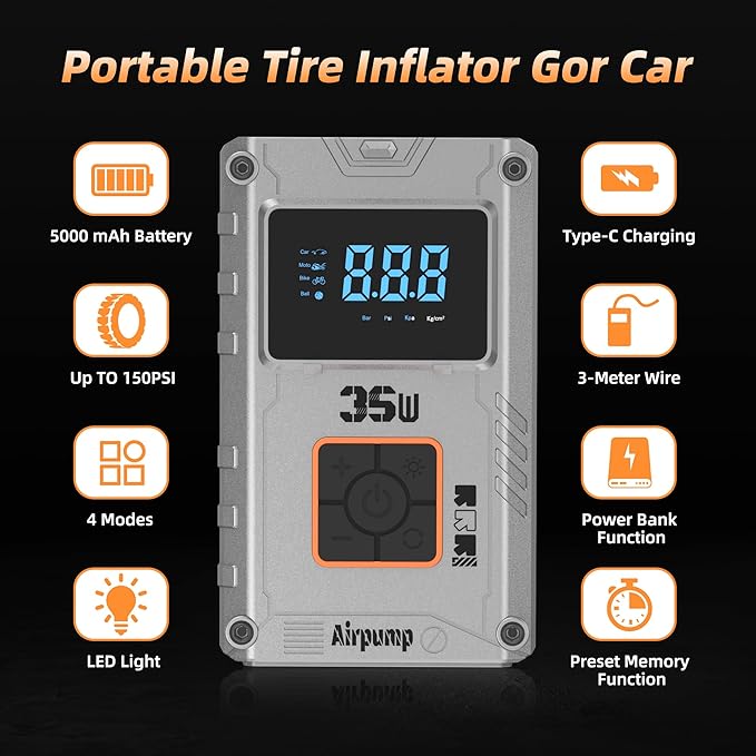 Tire Inflator,150 PSI, Air Compressor, Car Tire Pump, Air Pump for Car Tires, Bike Inflator, Car Accessories for Cars, Motorcycles & Bikes