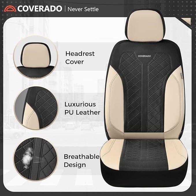 Coverado Front Seat Covers, Beige Seat Covers 2 Seats, Leather Car Protectors 2-Pack, Auto Seat Covers Spill-Proof Design Uni