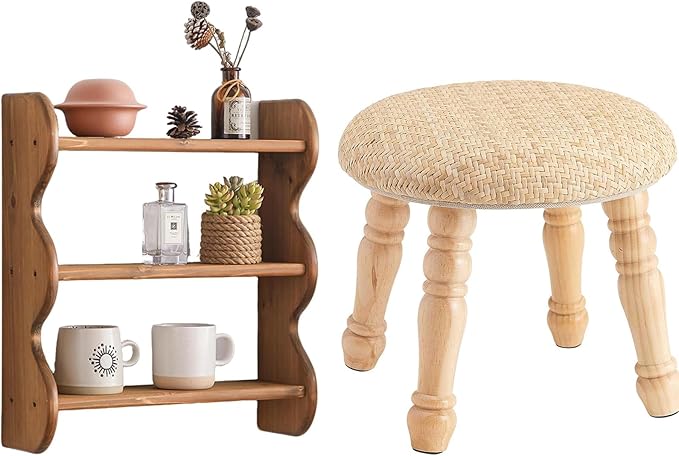 Solid Wood Wall Shelf 3-Tier,Round Foot Stool,Small Pouf Ottoman with Natural Rattan, Boho Footrest Wooden Stool for Couch,Ru