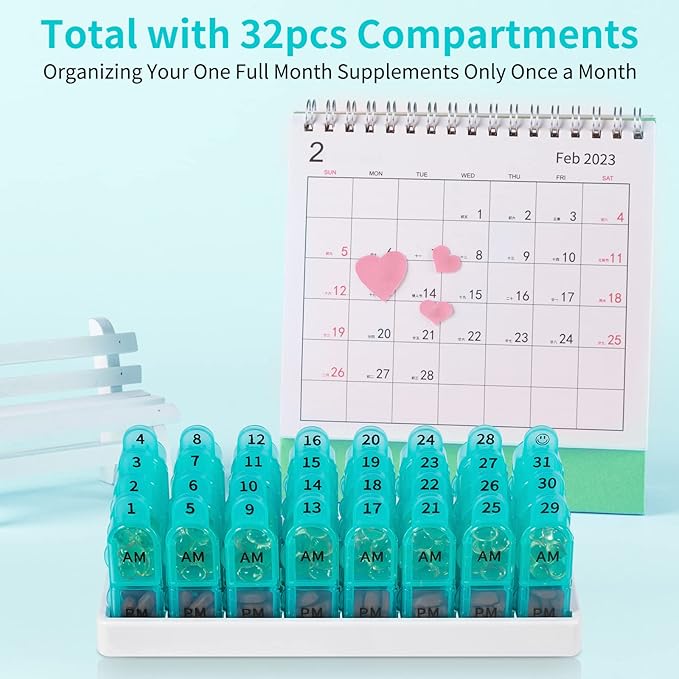 Daviky Monthly Pill Organizer 2 Times a Day, 30 Day Pill Box AM PM with Separate Container, One Month Medicine Case Twice a D