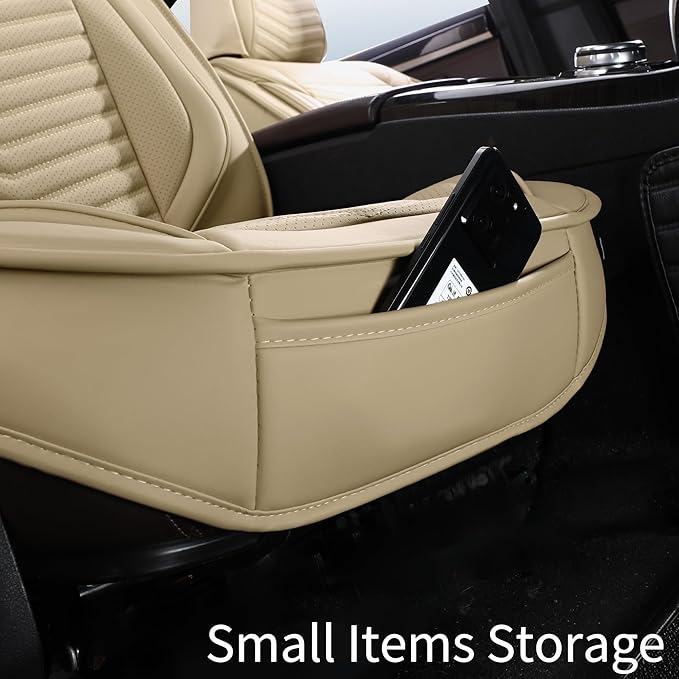 Nappa Leather Car Seat Covers Full Set, Beige Car seat Protector 5 Seats, Waterproof Car Seat Cushion, Universal Automotive S