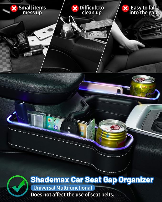 Shademax RGB Color Changing LED Car Seat Gap Filler Organizer Console Side Seat Gap Storage Box with Cup Holders and USB Chargers for Car Interior Accessories (2 Pack)