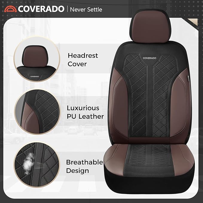 Coverado Seat Covers for Car 5 Seats, Leather Car Seat Covers Fullset, Breathable Mesh Front and Rear Protectors, Coffee Luxu
