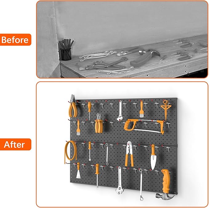 TORACK Metal Pegboard Panels and Hooks for Garage, Workbench, Shop, Shed Tool Organizer Peg Board with 1/8" & 1/4" Holes, Mod