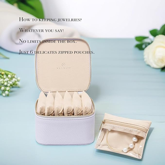 VLANDO Travel Jewelry Box Organizer – Portable PU Leather Jewelry Case with 6/8/12 Zippered Pouches, Compact Storage for Earr