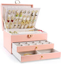 3-Layer Jewelry Box for Women, Jewelry Organizers and Storage with Removable Jewelry Tray, Vintage Quilted Top Lockable Jewel