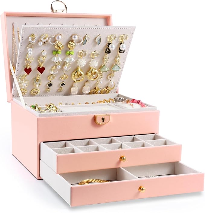3-Layer Jewelry Box for Women, Jewelry Organizers and Storage with Removable Jewelry Tray, Vintage Quilted Top Lockable Jewel