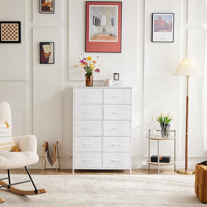 DUMOS Dresser for Bedroom, 10 Storage Drawers, Wide Fabric Closet Chests Organizer Tower Furniture with Wooden Top Metal Fram