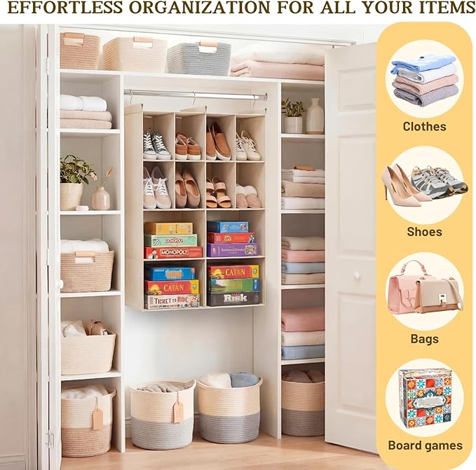 Ofiray-home 4 Tier Hanging Closet Organizer, 12 Compartments Sweater Organizer for Closet with 3 Sturdy Hooks, Closet Organiz