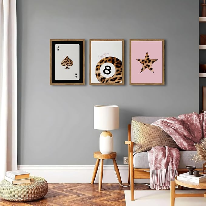 Pink and Black Leopard Wall Art, Lucky Girl 8 Ball Wall Decor Set of 3 Cheetah Lucky Star Poster Canvas Prints, Coquette Mode