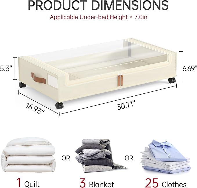 Yecaye Under Bed Storage with Wheels, 2 Pack Under Bed Storage Containers, 60L Underbed Shoe Storage with Clear Window & Labe