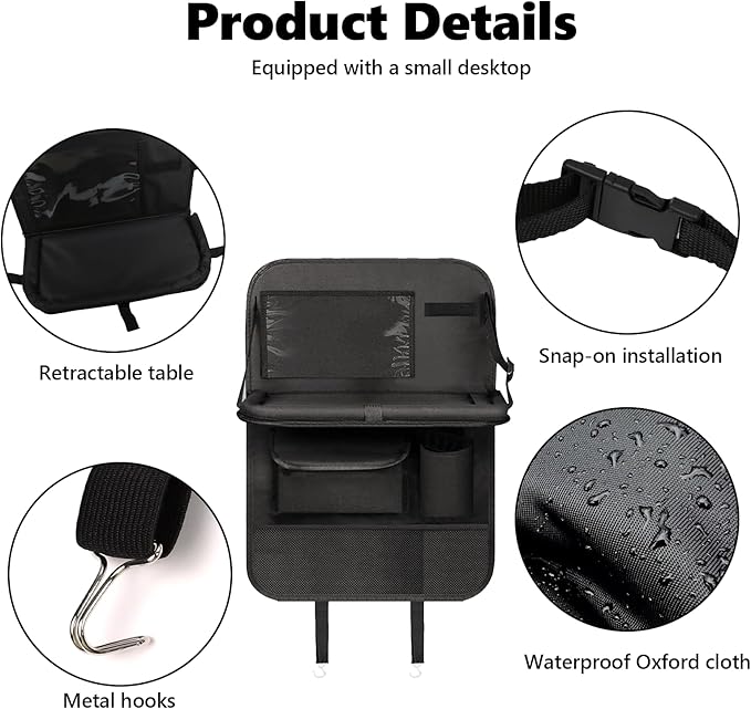 2PCS Car Backseat Organizer with 10" Tablet Holder, Waterproof Oxford Fabric Auto Back Seat Protector Kick Mat, Multi-Pocket Back Seat Organizer Storage, Travel Car Accessories (With Tray)
