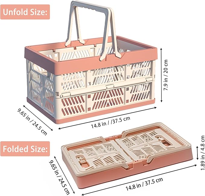 Collapsible Plastic Storage Crate - 20L Folding Organizer Basket Portable Stacking Storage Crate Bin with Handle, for Camping