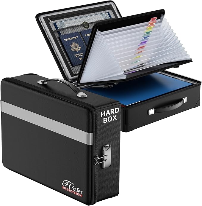 Fireproof Document Box with lock, File Organizer with Fireproof Zipper, Hard Shell Fireproof & Waterproof Storage box, Portab