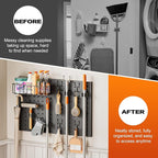 Broom Holder Wall Mount, Peg Board Wall Organizer with Mop Hanger Gripper Hooks Basket, Laundry Room Organization and Storage