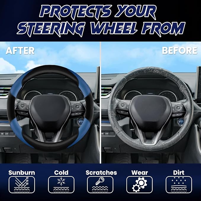 Soft Leather Steering Wheel Cover with Breathable Design and Anti-Slip Grip, Fully Compatible with Tesla, Toyota, Honda, Niss