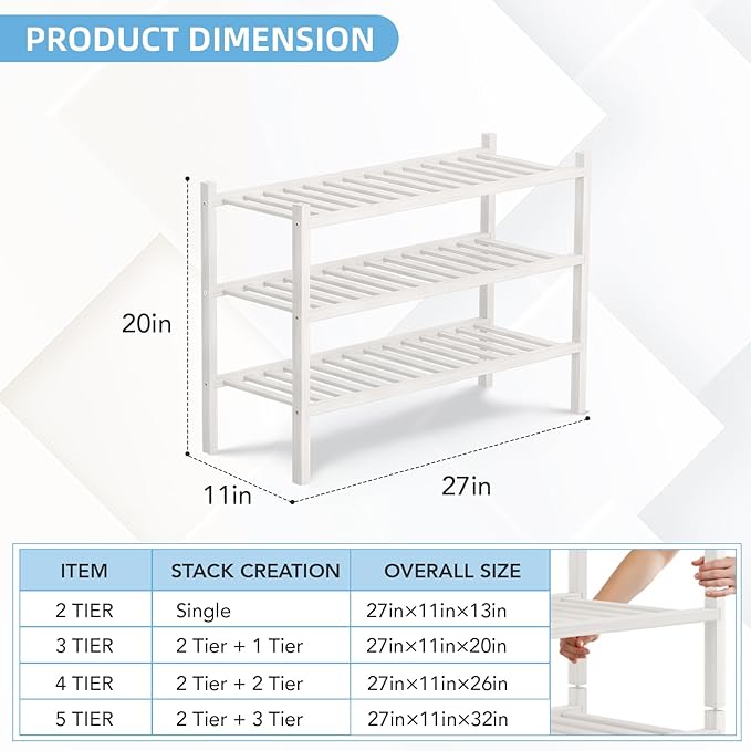 3 Tier Bamboo Shoe Rack Storage Organizer for Closet, Multifunctional Stackable Free Standing Shoe Shelf Organizer for Small 