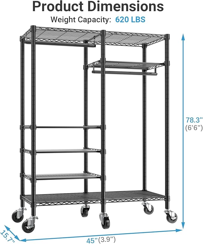 VIPEK R4C Rolling Garment Rack 6 Tiers Adjustable Heavy Duty Wire Shelving Portable Clothes Rack with Lockable Wheels, Black 