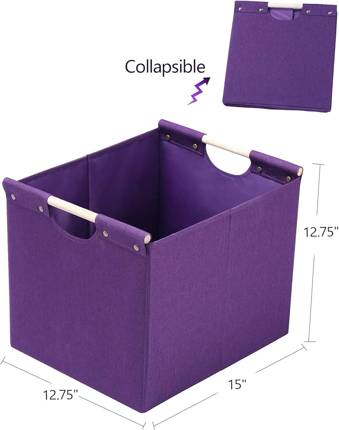 HOONEX Large Collapsible Storage Bins, Linen Fabric, Pack of 2, Storage Baskets with Wooden Carry Handles and Sturdy Heavy Ca