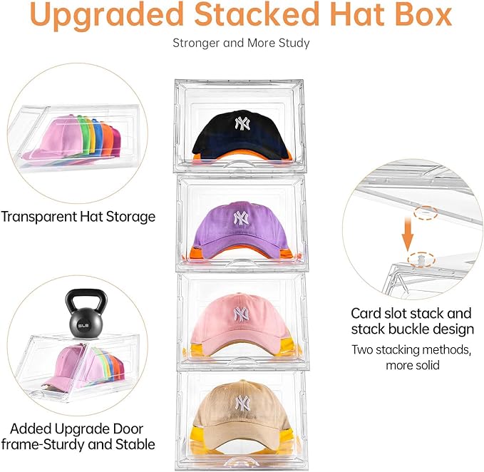 4 Pack Hat Organizer for Baseball Caps,Large Clear Cap Organizer with Drawer,Hats Holder Box for Closet with Sliding Tray,Sta