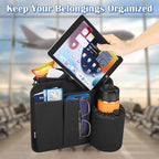 Airplane Seat Back Organizer, Flight Travel Organizer with 3 Metal Clips for Seat Back, Foldable Seatback Hanging Pocket with Storage Bag for Tablet, Passport, Phone, Water Bottle