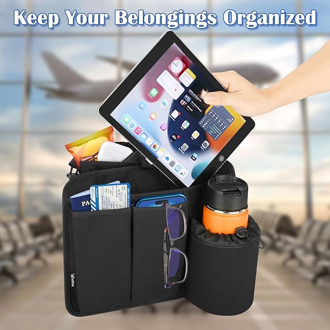 Airplane Seat Back Organizer, Flight Travel Organizer with 3 Metal Clips for Seat Back, Foldable Seatback Hanging Pocket with Storage Bag for Tablet, Passport, Phone, Water Bottle
