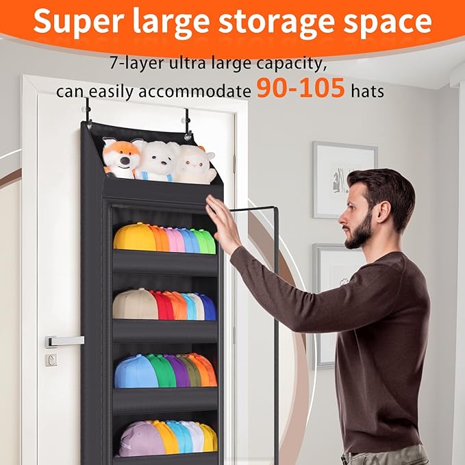Toread 7-Layer Door-Mounted Baseball Cap Organizer, Dust-Proof Hat Rack Holds 90 Hats, Adjustable Non-Slip Hooks, Multi-Purpo