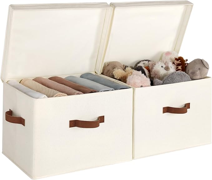 StorageWorks Fabric Storage Bins with Lid, Decorative Storage Boxes for Shelves, Stackable Closet Organizer Basket with Handl