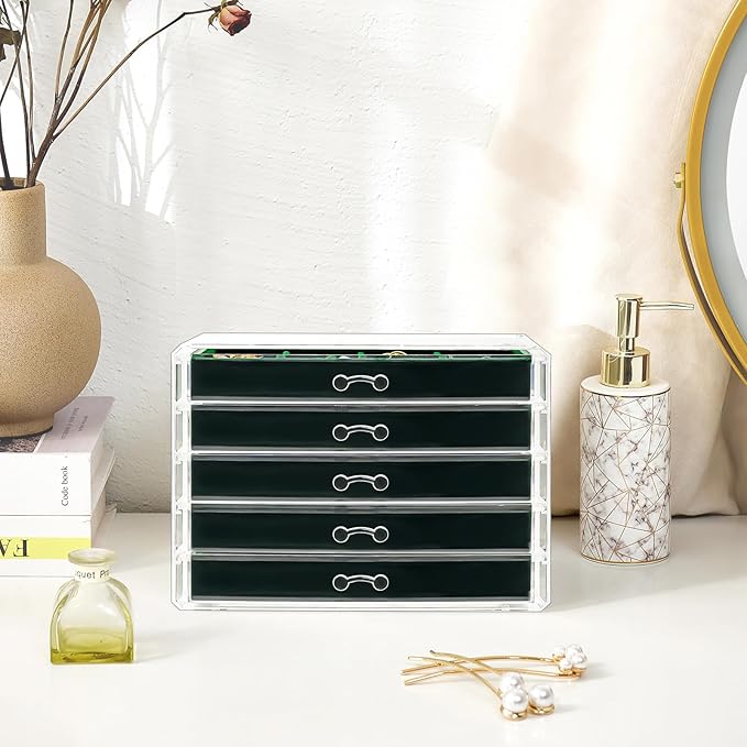 ProCase Earring Holder Organizer Jewelry Box with 5 Drawers, Acrylic Clear Earring Case with Adjustable Velvet Trays for Wome