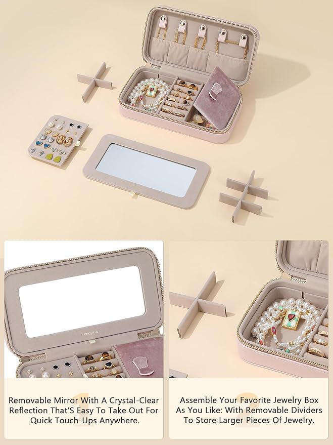 Travel Jewelry Case with Mirror, Quilted Small Jewelry Box Organizer for Women Girls, Portable Earring Necklace Bracelet Ring