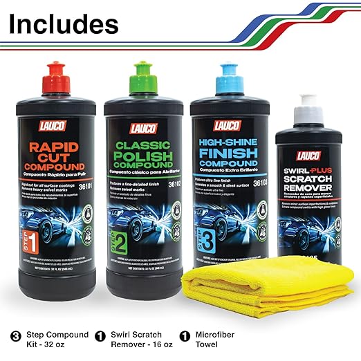 LAUCO 3-Step Kit – Steps 1 2 3 – 32oz, + Swirl Remover – 8oz, with a Towel, Professional Silicone-Free Cutting, Polishing & Finishing Compounds for Scratch Removal, Clear Coat Safe High-Gloss Finish
