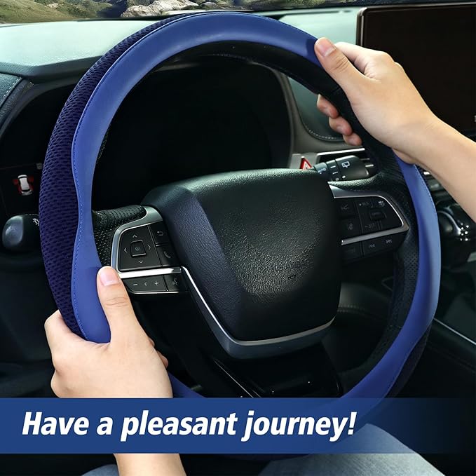 ZHOL Blue Steering Wheel Cover,Nappa Faux Leather with Comfort Grip,Non-Slip Breathable Universal Car Accessory for 15 Inch S
