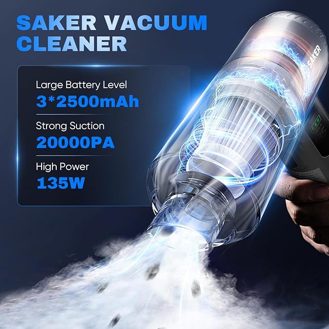 Saker Car Vacuum Portable Cordless 20000Pa Suction Power 4 in 1 Handheld Vacuum&Air Duster with LED Light Type-C Charge Porta