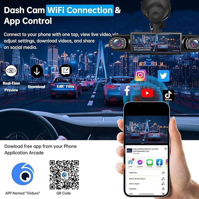4 Channel Dash Cam 360° View, 1080P Front and Rear Inside, Left Right Dash Camera for Cars, Night Vision, WiFi & APP Control,