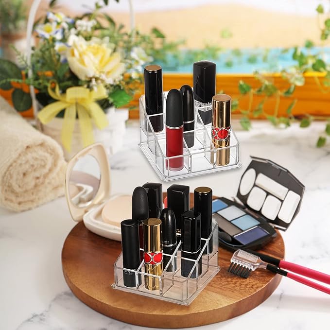 Foraineam 6 Pack Lipstick Holder Organizer, 9 Spaces Clear Lip Stick Storage Stand Container, Small Cosmetic Beauty Makeup Di