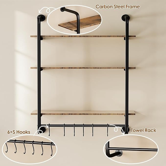 3 Tier Industrial Pipe Shelving, 24" Kitchen Shelves Wall Mounted with 6 Hooks, Coffee Bar Shelves Display Bookshelf Wall She