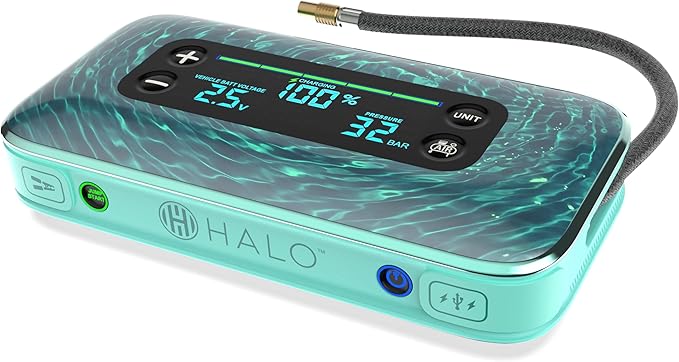 HALO Bolt Air+ 1750 Portable Car Battery Jump Starter | 130 PSI Air Compressor, 59.9Wh USB Power Bank, Large Display,