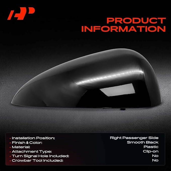 A-Premium Passenger Side Rearview Mirror Cover Cap - Compatible with Chevrolet Sonic 2012-2020 - Smooth Black, Without Turn Signal Hole