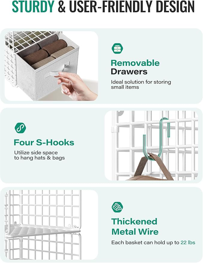 Hanging Closet Organizer with Drawers, 4 Tier Metal Closet Organizers and Storage with 4 Hanging Hooks 4 S-Hooks for Wardrobe
