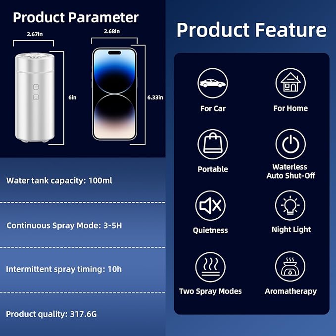 100ML Car Essential Oil Diffuser, Rechargeable Battery Powered, Cordless Portable Aromatherapy Humidifier with 7 LED Color Li