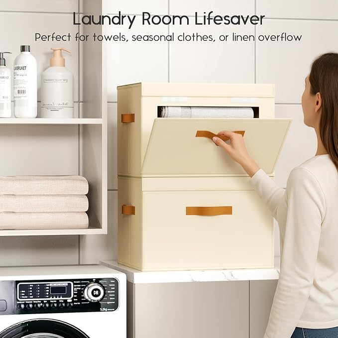 Homsorout Large Storage Bins with Lids - Front Opening Fabric Storage Bins, Flap Closet Organizer with Handles, Collapsible B