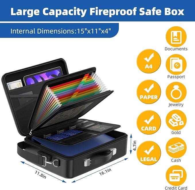 Fireproof Document Box with Lock＆Shoulder Strap, Hard-Shell Case File Organizer with Accordion File Folder, Multi-Layer Porta